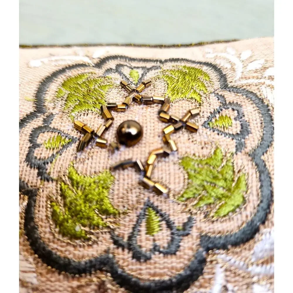 Pier 1 Beaded Embroidered Throw Pillow 16x12 Green Floral Accent Decor